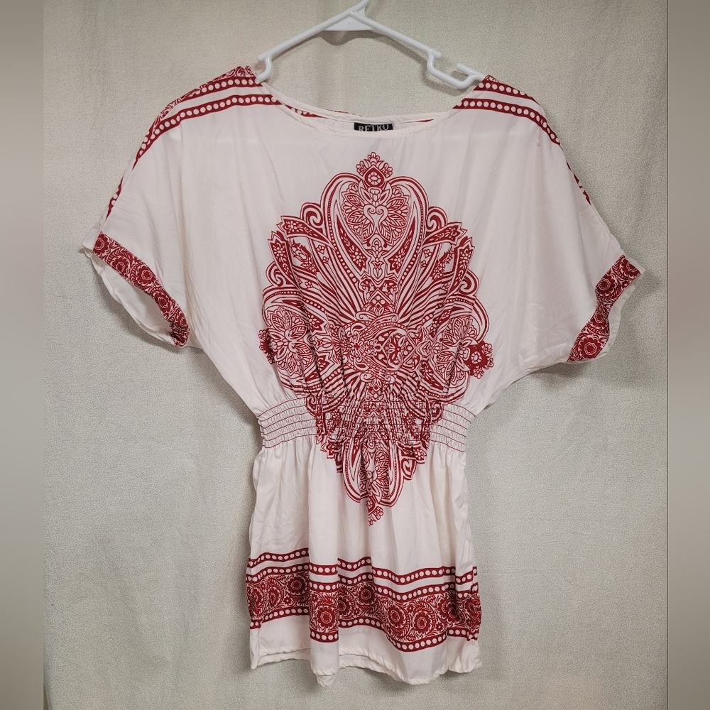 Retro size med white red Lightweight Blouse Summer Boho Indie Turk